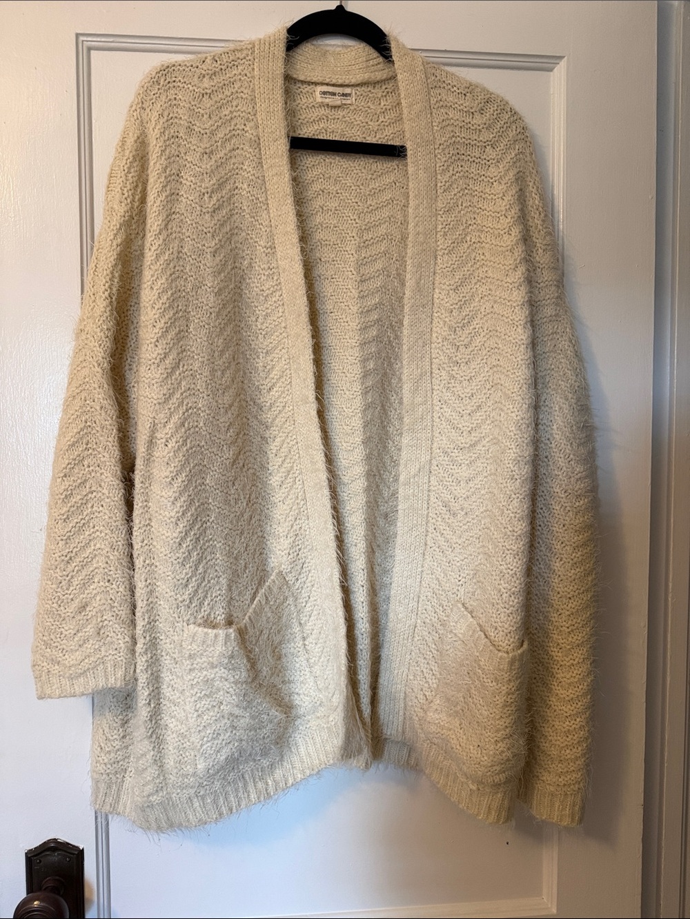 Cotton Candy Cream Open-Front Knit Cardigan with Pockets